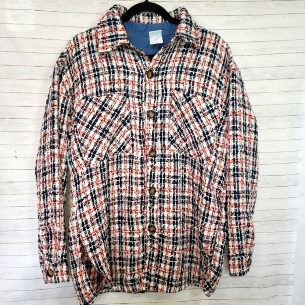 NAGRI RED, WHITE & BLUE TEXTURED PLAID SHIRT JACKET, SZ LARGE